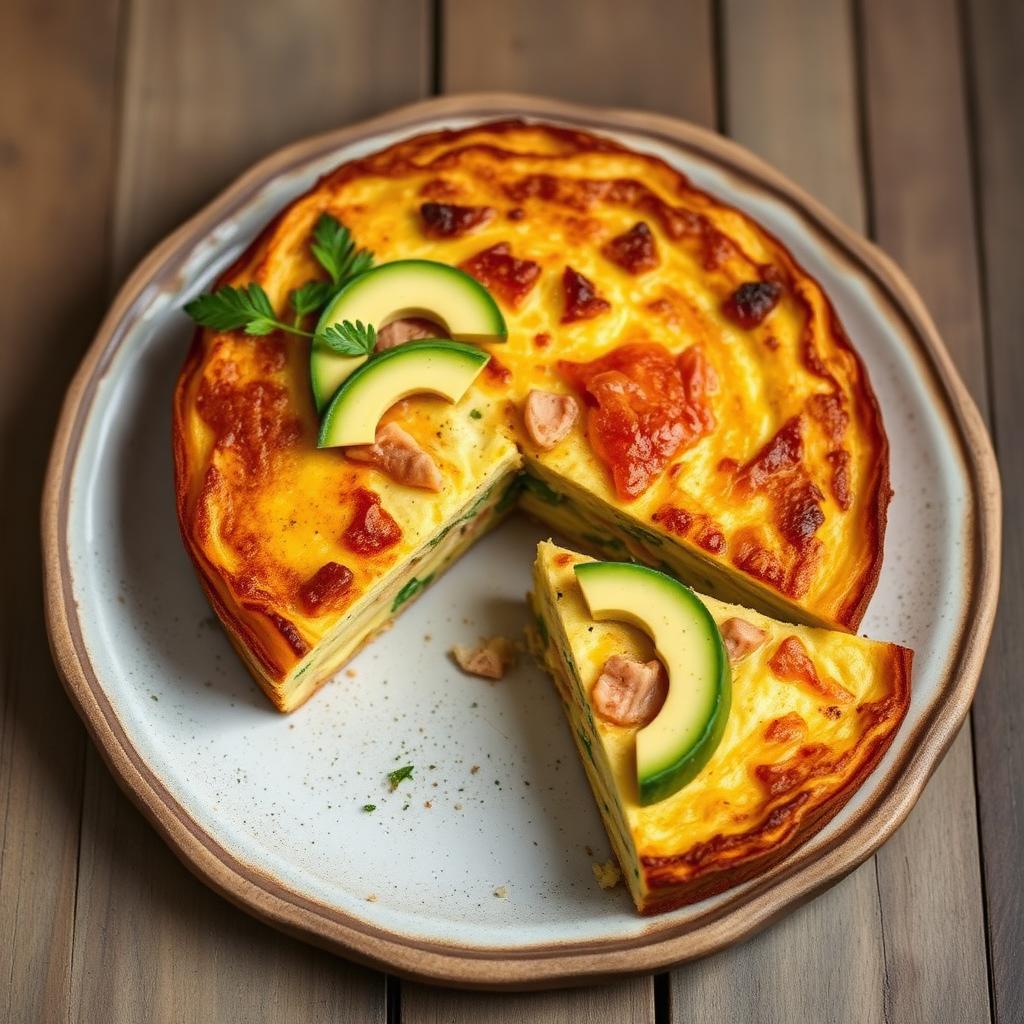 Torta de huevo con atún y aguacate.